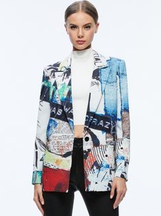 A+o X Basquiat Denny Blazer In Confidential | Alice And Olivia Multicolor Graphic Print Outerwear For Summer, Multicolor Printed Blazer For Work, Multicolor Graphic Print Summer Outerwear, Multicolor Printed Blazer For Spring, Fall Printed Multicolor Blazer, Fall Multicolor Printed Blazer, Spring Fitted Blazer With Graphic Print, Alice And Olivia, Alice Olivia