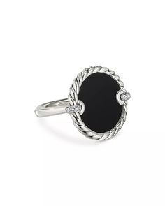 David Yurman - Sterling Silver DY Elements® Black Onyx and Diamond Ring Silver Onyx Ring Fine Jewelry, Fine Jewelry Onyx Silver Ring, Luxury Silver Onyx Rings, Silver Onyx Rings With Black Enamel, Elegant White Gold Onyx Ring, Luxury Black Sterling Silver Ring, Fine Jewelry Onyx Ring In White Gold, Luxury Silver Rings With Black Enamel, Formal Sterling Silver Rings With Black Enamel