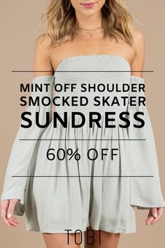 Save money on this short mint off shoulder smocked skater sundress. Get ready for sundress season by exploring the best sundresses for women in all styles and colors. You will find plenty of maxi and off the shoulder sundresses, short and flirty sundresses, or even strapless sundresses that will look great with sandals or heels all summer long. Shop the best selection of cute cheap sundresses and inexpensive sundresses from TOBI. Catch the TOBI dresses online sale happening now! #sundress