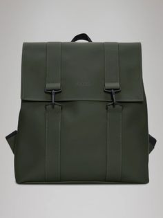 a green backpack with two straps on the front and one strap at the bottom,