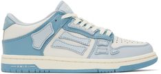 Find Amiri Off-white Skel-top Sneakers on Editorialist. Low-top grained and buffed leather sneakers in tones of blue and off-white. · Mesh trim throughout · Perforated detailing at toe · Logo plaque at lace-up closure · Logo patch at padded taffeta tongue · Padded collar · Graphic appliqués at sides · Logo embossed at heel counter · Mesh lining · Logo bonded at rubber midsole · Treaded rubber sole Supplier color: Blue Blue Amiri Shoes, Low Sneakers Outfit, Amiri Shoes, Tones Of Blue, Fresh Shoes, White Leather Sneakers, Black Suede Heels, Senior Pics, Blue Sneakers