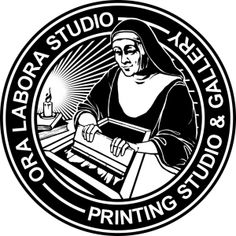 a black and white logo with an image of a man working on a printer machine