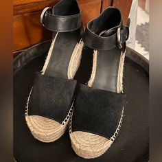 Marc Fisher Alida Black Leather/Suede Wedge Espadrilles - 9-1/2. Nwot. Never Worn. Great Condition. Suede At Toes And Leather At Back And Ankle Strap. Open Toe And Buckled Ankle Strap. Very Comfortable. Just Can’t Wear Heels Anymore. Also Listed In Cream And Purple. Bundle All 3 And Save Casual Suede Platform Wedge Sandals, Suede Platform Espadrilles With Round Toe, Casual Suede Wedge Sandals With Round Toe, Casual Suede Wedge Espadrilles, Casual Suede Espadrilles With Wedge Heel, Chic Suede Platform Espadrilles, Black Suede Wedge Heel Sandals, Wedge Espadrilles, Suede Wedges