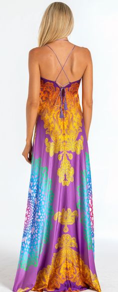 Introducing our Purple Sunrise dress, a true embodiment of elegance crafted from the finest Italian silk. This long maxi dress features a mesmerizing palette of beautiful colors, evoking thoughts of tropical vacations and carefree moments. With its V neckline and criss-cross back design, this dress exudes sophistication and allure. Its luxurious fabric drapes gracefully, flattering most body types with ease. Prepare to make a statement with this stunning piece that promises to turn heads whereve Long Silk Maxi Dress, Purple Sunrise, Tropical Vacations, Fabulous Dresses, Silk Maxi Dress, Draped Fabric, Back Design, Long Maxi, Long Maxi Dress