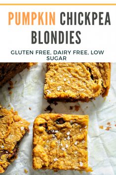 pumpkin chickpea blondies with text overlay that reads gluten free, dairy free, low sugar