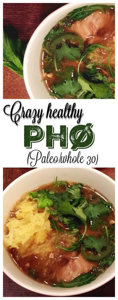 two bowls filled with soup and vegetables on top of a wooden table in front of the words crazy healthy pho's palen