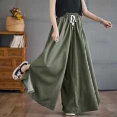 Sku CY-!126133 Material Polyester Fiber Style Wide Leg Feature Solid Color Neckline / Occasion Casual, Vintage Seasons Spring, Summer Type Pants Color Green, Black, Purple Size L, XL, 2XL, 3XL Size Chart: Please consult the size chart we provide for this item's measurements to help you decide which size to buy. Please note: There may be 1-3cm differ due to manual measurement. CM Waist Hip Length L 68 160 99 XL 73 166 100 2XL 78 172 101 3XL 83 178 102 Casual Dark Green Bottoms For Spring, Casual Dark Green Spring Bottoms, Green Cotton High-waisted Pants, Spring Khaki Wide Leg Full-length Pants, Green Relaxed Fit Trousers, Green High-waisted Cotton Bottoms, Khaki Full-length Bottoms For Spring, Khaki Cotton Non-stretch Wide Leg Pants, Full-length Khaki Bottoms For Spring