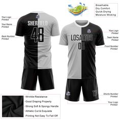 Custom Soccer Uniforms - Custom Gray Black-White Sublimation Split Fashion Soccer Uniform Jersey Personalized Jersey, Soccer Uniforms, Blue Football, St. Patricks Day, Alpha Kappa Alpha, Team Uniforms, 3d Pattern, Soccer Team, Team Names