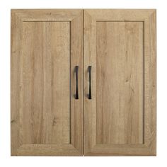 a wooden cabinet with two doors on the front and one door open to reveal a black handle