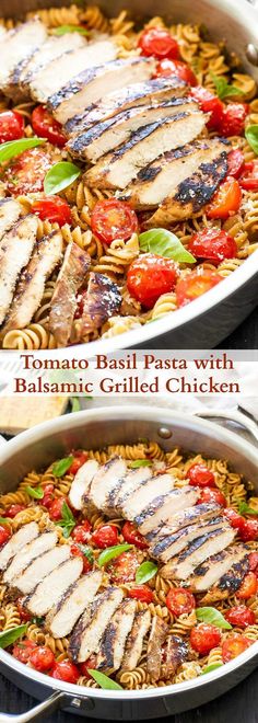 two pictures of chicken, pasta and tomatoes in a skillet with the title above it