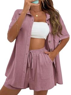 PRICES MAY VARY. Casual 2 piece outfits for women summer button down shirt drawstring shorts tracksuit set lounge workout sets There are many sizes of this summer shirts shorts set for women to choose: Samll, Medium, Large, X-Large,XX-Large; For baggy or tight fitting, please check the Size Chart and product description clearly before purchase it Loose fit button down short sleeve shirts top classic stand collar design, lightweight drawstring elastic waistband shorts with pockets. All design mak Shirt Knot, Drop Shoulder Shirt, Fashion Shorts, Sleeves Style, Looks Black, Maxi Dress Formal, Color Shirt, Elastic Waist Shorts, Loose Shorts