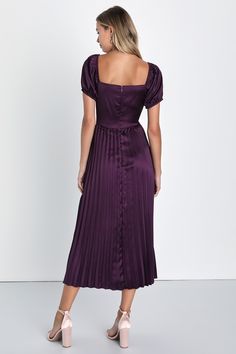 There's nothing better than being the chicest person in the room, and the Lulus Flawless Forever Dark Purple Satin Pleated Midi Dress perfect choice to ensure that! Sleek and unique, this satin dress has plenty of intriguing details, including luxe puff sleeves (with elastic at the shoulders) and a flattering square neckline with a notched detail and a supportive V-bar. The stunning, set-in waist tops a pleated, A-line skirt that naturally falls to a modern midi hem. Hidden back zipper/clasp. Fi Dark Purple Bridesmaid Dress, Dark Purple Dress Formal, Dark Purple Dress, Dark Purple Dresses, Pleated Satin Dress, Purple Midi Dress, Fall Wedding Guest Dress, Purple Satin, Evening Dresses Cocktail