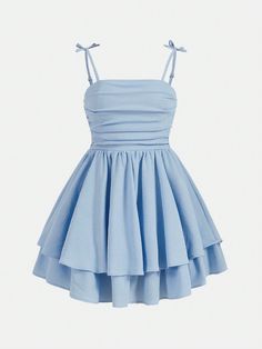 Teen Girl's Woven Solid Color Bubble Ruched Double Layer Skirt Hem Casual Suspenders Dress Baby Blue Casual  Sleeveless Woven Fabric Plain Cami Non-Stretch  Teen Girls Clothing, size features are:Bust: ,Length: ,Sleeve Length: Cute Teen Formal Dresses, Picture Day Dresses School, Light Blue Tube Dress, Cute Party Dresses Flowy Short, Teen Winter Dresses, Alice Blue Dress, Grade Six Graduation Dress, Northern Lights Theme Dress, Blue School Dance Dresses