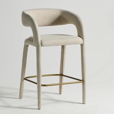 an upholstered bar stool with arms and backrests in beige fabric, viewed from the front