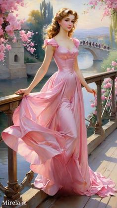 a painting of a woman in a pink dress standing on a bridge with flowers around her