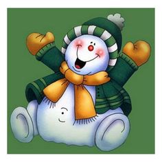 a snowman with a green hat and scarf on it's head is smiling