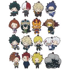 an assortment of anime character keychais with different colors and sizes, including black hair