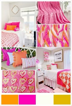 pink and orange bedroom with hearts on the bedspread, pillows, and blankets