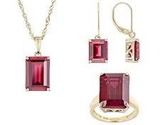 26.91ctw Rectangular Octagonal Lab Created Ruby 18k Yellow Gold Over Sterling Silver Ring, Earrings, And Pendant With 18" Singapore Chain Set. Ring Measures Approximately 0.47"L x 0.63"W. Not Sizeable. Earrings Measure Approximately 0.97"L x 0.31"W. Leverbackings. Pendant Measures Approximately 0.86"L x 0.39"W. Lobster Claw Clasp. 2" Extender. 2.5mm Bail. Formal Yellow Gold Gemstone Jewelry Sets, Formal Yellow Gold Jewelry Sets With Gemstones, Yellow Gold Jewelry Sets With Matching Earrings, Gift Jewelry With Lab-created Ruby In Halo Setting, Red Three Stone Lab-created Ruby Jewelry, Luxury Yellow Gold Jewelry With Lab-created Ruby, Yellow Gold Jewelry With Center Stone Lab-created Ruby, Elegant Lab-created Ruby Pendant Jewelry, Red Lab