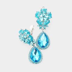 Flower Blue Crystal Teardrop Dangle Clip on Earrings by Miro Crystal Collection Color Aqua, Blue Crystals, Aqua Blue, Clip On, Clip On Earrings, Metallic Silver, Sparkle, Prom, Drop Earrings