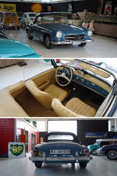 two pictures of old cars in a garage, one is blue and the other has tan leather seats