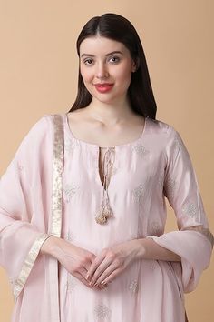 Powder pink kurta with sequin embroidery. Paired with gota embroidered dupatta and palazzo. - Aza Fashions Kurta And Palazzo, Pink Kurta, Sequin Embroidery, Embroidered Dupatta, Girl Online, Manish, Sequins Embroidery, Silk Embroidery, Pink Sequin