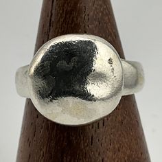 Vintage Flat Pebble Sterling Silver Statement Ring, UK Size P, US Size 7 1/2, EU Size 55 1/4, Stamped 925, Front Band Width 13.7mm, Weight 6.52 Grams, Lovely Condition Handmade Silver Dome Ring, Hammered Sterling Silver Round Ring, Silver Rounded Dome Ring For Everyday, Silver Dome Ring For Everyday, Artisan Sterling Silver Signet Ring, Adjustable Dome Ring With Polished Finish, Vintage Flats, Statement Ring Silver, Band Rings