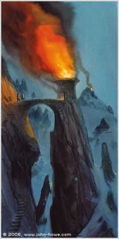 an oil painting of a bridge with people on it and fire coming out of the top