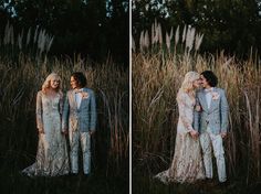 two people standing next to each other in tall grass and one person wearing a suit