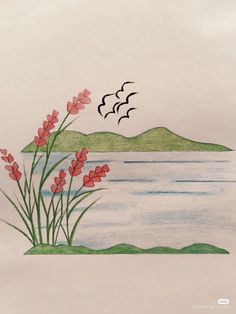 a drawing of some flowers and birds flying over the water with mountains in the background