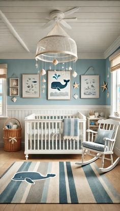 a baby's room with blue walls, white furniture and pictures on the wall