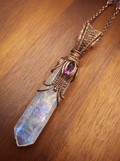 Aura Quartz Point Pendant Necklace With Faceted Amethyst in Copper - Etsy Unique Wire Wrapped Quartz Jewelry, Unique Wire Wrapped Copper Crystal Necklaces, Unique Copper Wire Wrapped Crystal Necklaces, Wire Wrapped Crystals For Jewelry Making, Unique Amethyst Wire Wrapped Crystal Necklace, Hand Forged Amethyst Bronze Jewelry, Spike Jewelry, Spiked Jewelry, Moonstone Pendant Necklace