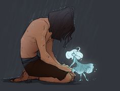 a man kneeling down in the rain with his hand on his knees as a dog looks at him