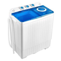 a white and blue washing machine on a white background