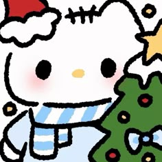 a hello kitty holding a christmas tree with a star on it's hat and scarf