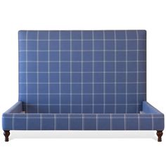 an upholstered couch with blue plaid fabric and wooden legs, viewed from the front