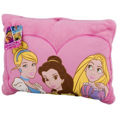 a pink pillow with two princesses on it