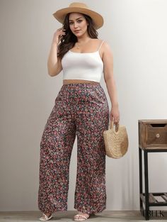 Ebeek - Womens Plus Size Bohemian Pants, Chic Ditsy Floral Print Elastic High Rise Wide Leg Trousers Bohemian Wide Leg Floral Pants For Spring, Casual Boho Print Pants, Floral Print Ankle-length Spring Bottoms, Spring Floral Print Ankle-length Bottoms, Ankle-length Floral Print Bottoms For Spring, Ankle-length Floral Print Spring Bottoms, Floral Print Wide Leg Harem Pants For Vacation, Casual Boho Print Pants For Spring, Floral Print Ankle-length Bottoms For Summer