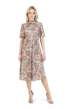 Made to bring a fit, flare, and elegant look, this classic mock neck midi dress is designed for any occasion, from attending church services to attending business seminars. Featuring a gorgeous display of multi-colored floral prints, this piece is complete with a ruffled mock neckline, flutter short sleeves, conceal back zip, and a full skirt Elegant Multicolor Midi Floral Dress, Feminine Multicolor Knee-length Midi Dress, Elegant Multicolor Knee-length Midi Dress, Formal Floral Print Midi Dress, Multicolor Floral Print Knee-length Midi Dress, Floral Print Midi Dress For Work, Multicolor Knee-length Midi Dress With Floral Print, Formal Multicolor A-line Midi Dress, Multicolor Knee-length Midi Dress For Work