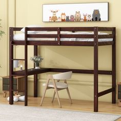 a bunk bed with desk underneath it in a room