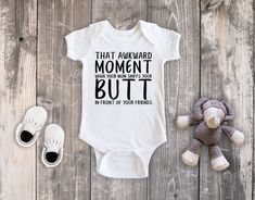 Bodysuit or shirt: That Awkward moment This cute top is created with black (unless otherwise specified). This design is on a baby's bodysuit OR a shirt. 🍼 If you would like another color besides black, just let us know and we will be happy to design one for just YOU! 🍼 Also, you have a choice between long and short sleeves. NEED YOUR ORDER IN A HURRY? Check out our RUSH ORDER Add-On here: https://www.etsy.com/listing/671024925/rush-processing-fee Thank you for shopping handmade ♥ Questions? Fe That Awkward Moment, Baby Shower Gift Ideas, Shower Gift Ideas, Baby Svg, Straight Outta, Awkward Moments, In A Hurry, Baby Outfit, Baby Shirts