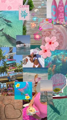 a collage of photos with pink and blue colors in the background, including flowers, hearts