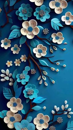 paper flowers on a blue background with leaves and branches in the center, as if it were cut out from an origami board