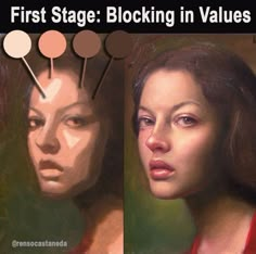 two pictures of a woman's face with the words first stage blocking in value