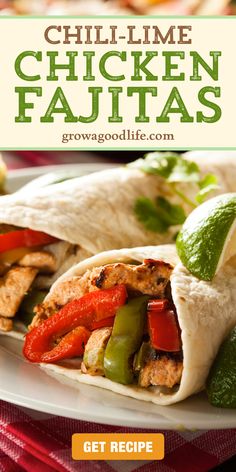 chicken fajitas with peppers and jalapenos on a white plate text reads grilled chicken fajitas get recipe