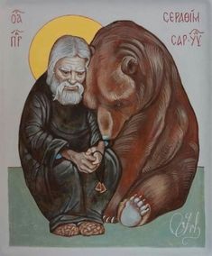 a painting of an old man sitting next to a bear