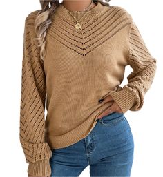 tamrashopsocial.com Casual Hollow Cutout Lantern Sleeve Pullover Sweater Spring Casual Sweater With Lantern Sleeves, Trendy Fall Sweater With Ribbed Neckline, Casual Lantern Sleeve Sweater For Spring, Casual Lantern Sleeve Spring Sweater, Trendy Balloon Sleeve Sweater For Fall, Trendy Balloon Sleeve Fall Sweater, Casual Knit Lantern Sleeve Tops, Casual Knit Top With Lantern Sleeves, Casual Balloon Sleeve Sweater For Fall