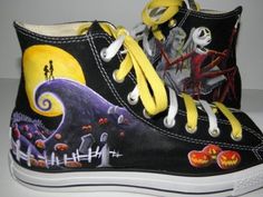 Nightmare Before Christmas High-top Painted Canvas Shoes Christmas Converse, Nightmare Before Christmas Shoes, Disney Shoes, The Nightmare Before Christmas, The Nightmare