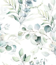 watercolor painting of green leaves and branches on white background, seamless wallpaper