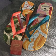 Havaianas Farm Tropical Fruit/Orange Citrus Sandals Nwt Size 9-10 Orange Summer Flip Flops For Vacation, Tropical Round Toe Sandals For Beach Season, Adjustable Tropical Sandals With Round Toe, Yellow Round Toe Slippers For The Beach, Fun Yellow Sandals For Vacation, Multicolor Tropical Sandals With Round Toe, Yellow Summer Flip Flops For Beach Season, Fun Flat Flip Flops For Vacation, Tropical Multicolor Round Toe Sandals